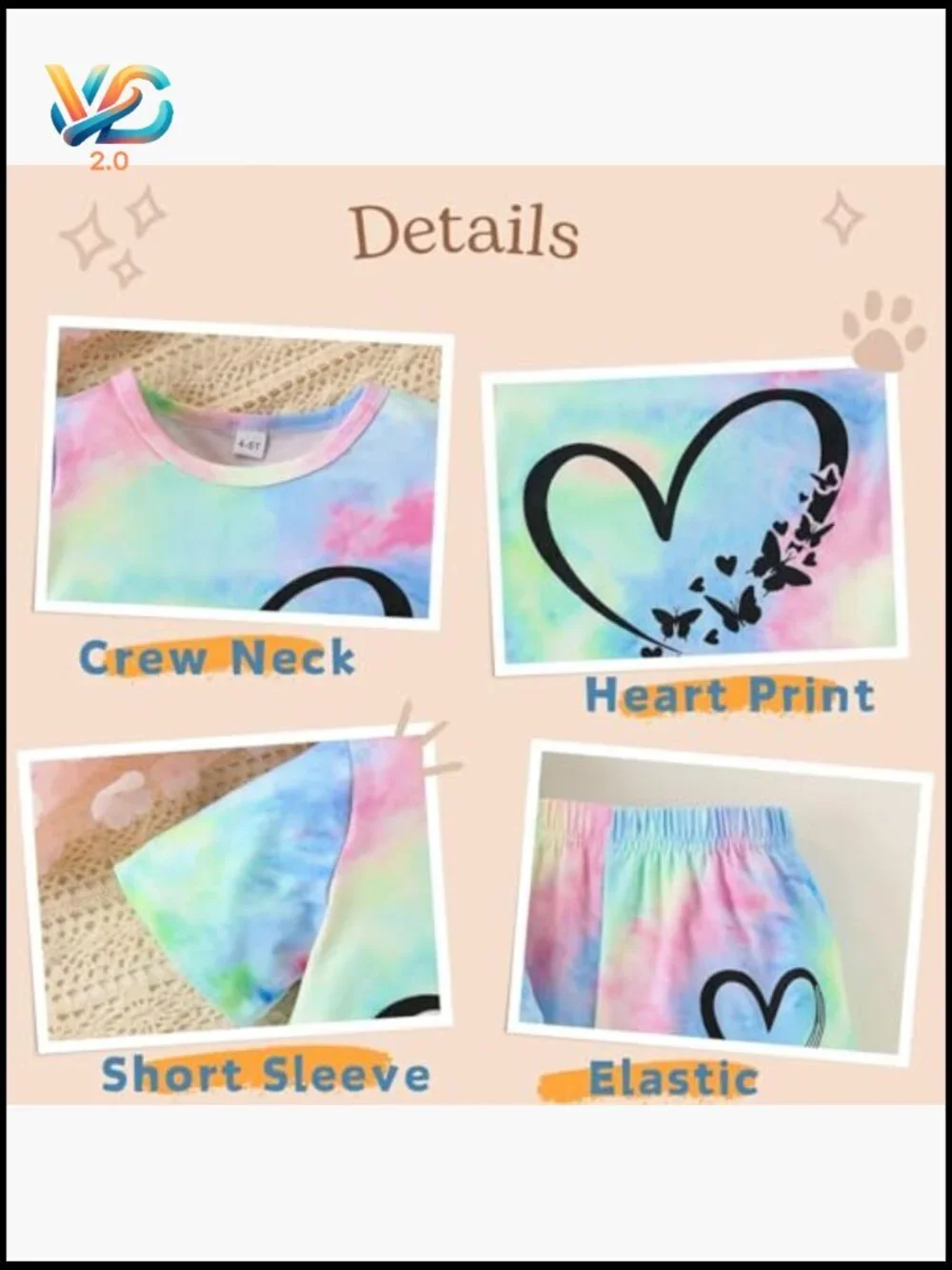 Tie Dye Heart Print Girls Top and Shorts Set